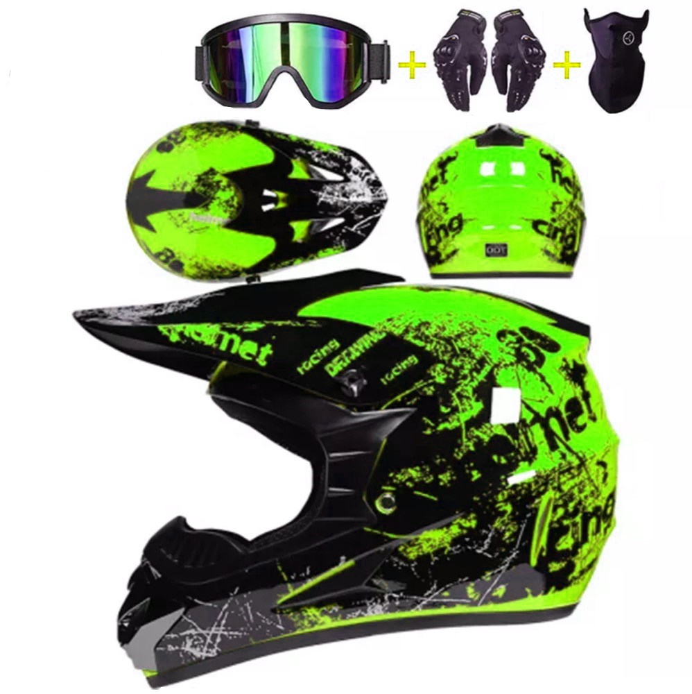 Motokrosová helma X-treme zelená SET s moto rukavicemi, moto brýlemi a moto nákrčníkem. 53-61cm