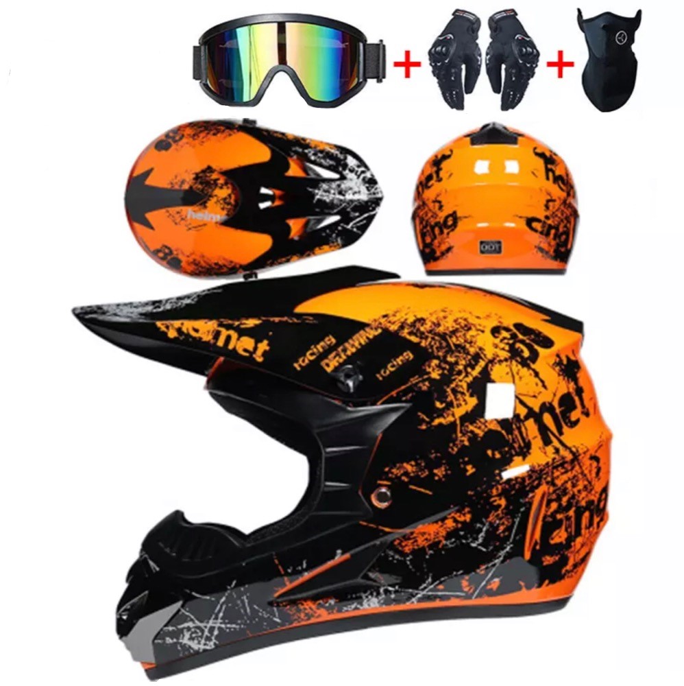 Motokrosová helma X-treme oranžová SET s moto rukavicemi, moto brýlemi a moto nákrčníkem. 53-61cm