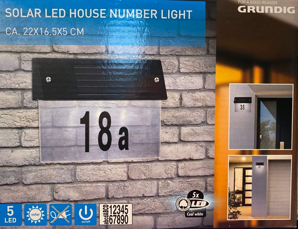LED osvětlení čísla domu se solárním nabíjením