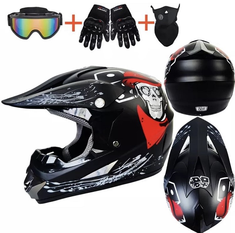 Motokrosová helma XTR SKULL s rukavicemi brýlemi a nákrčníkem