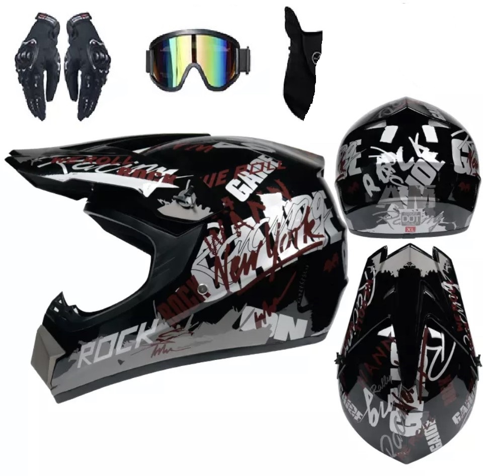 Moto přilba Rock Racing černá v setu s brýlemi rukavicemi a nákrčníkem