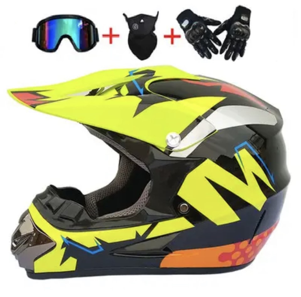 Motokrosová helma X-treme žlutá SET s moto rukavicemi, moto brýlemi a moto nákrčníkem. 55-61cm