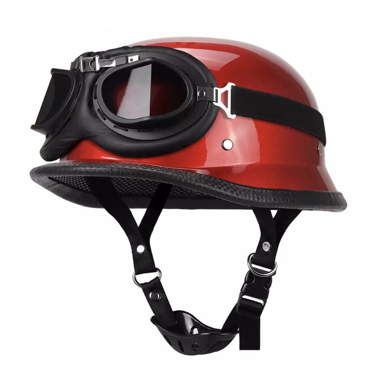 Německá retro moto helma otevřená červená s brýlemi