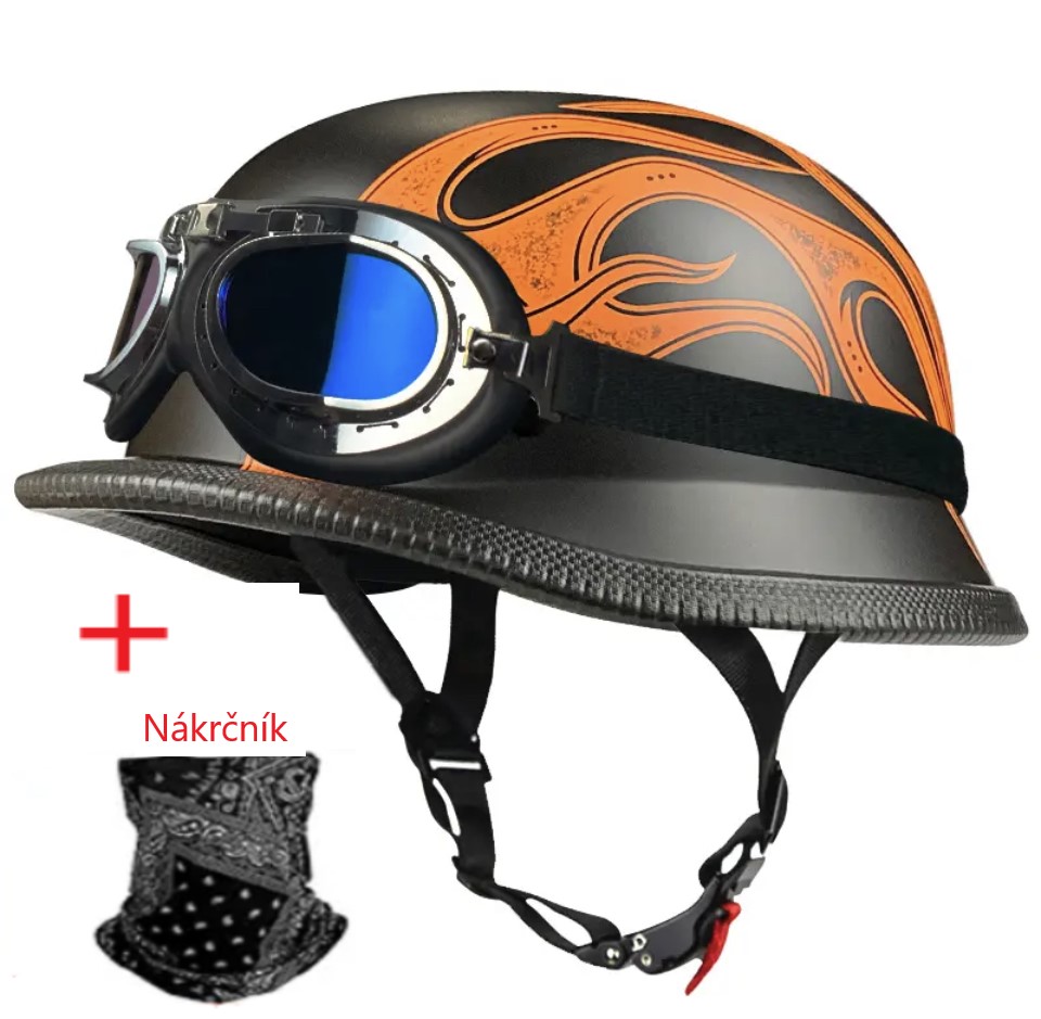Retro moto helma otevřená černá s plamenem a brýlemi